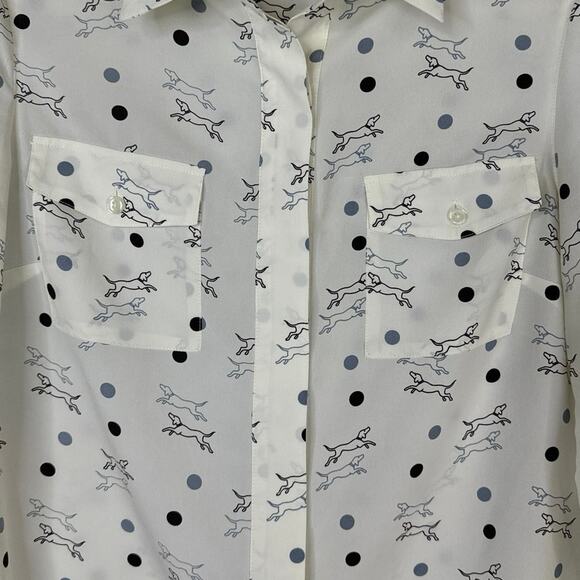 Hobbs London White Button Down Top Polka Dot Dog Print Long Sleeve Size 10 - Picture 4 of 9